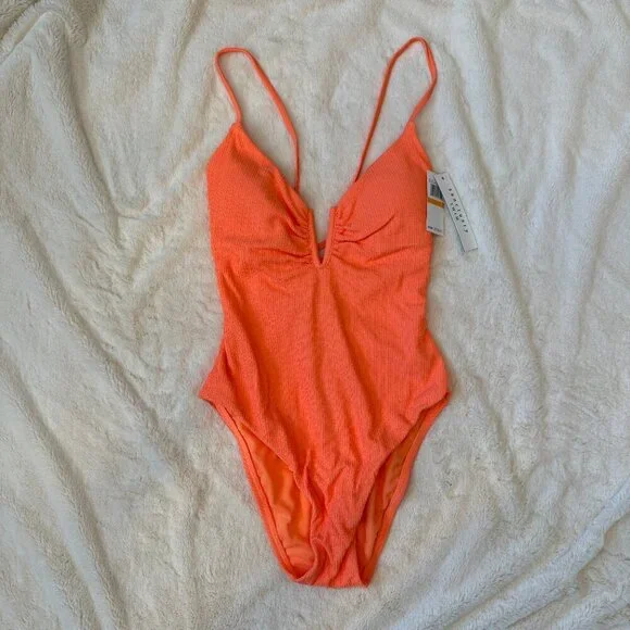 Women's S NWT Sanctuary Neon Orange Textured Stripe One Piece Swimsuit - Picture 2 of 7
